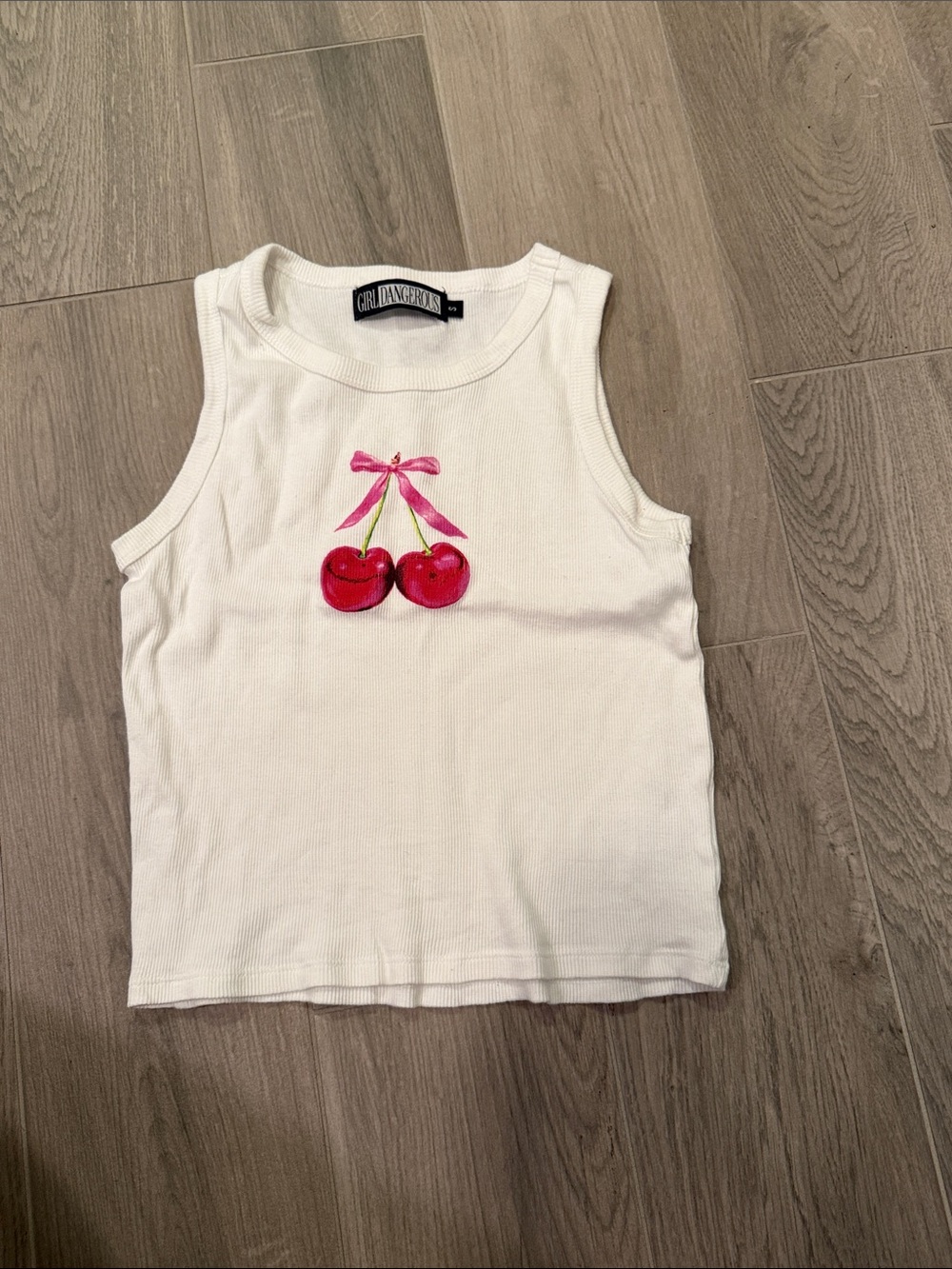 Girl Dangerous Women’s White Tank Top with Cherry Graphic Size S